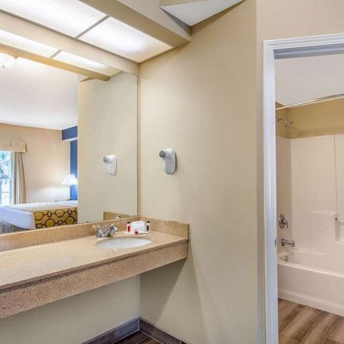 The image shows a hotel room with a bed, a large mirror, a sink countertop, and an open door leading to a bathroom with a bathtub.