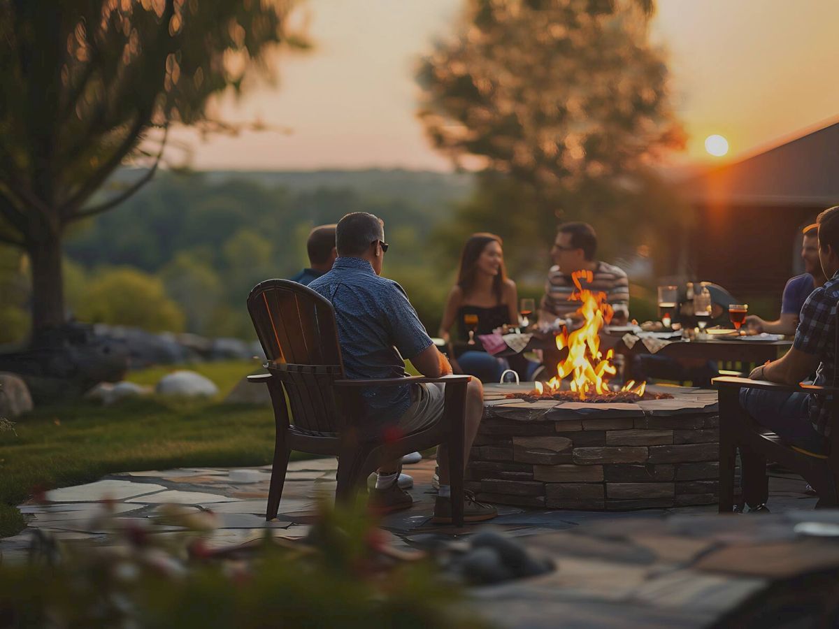 A group of people is seated around a fire pit in an outdoor setting, enjoying drinks and conversation as the sun sets in the background.